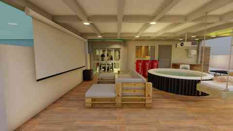Projeção 3D do garden com spa, lounge e tela de projeção